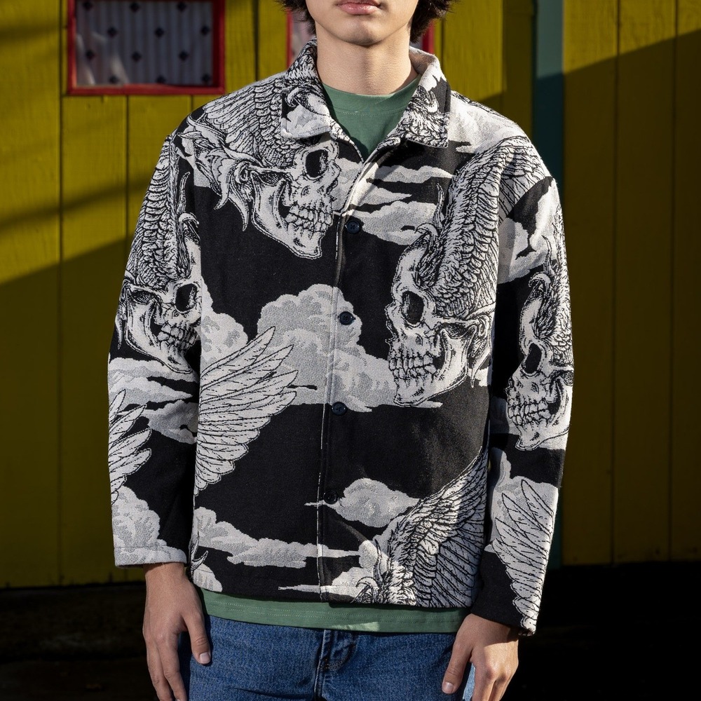 NWOT‎ Rebel Vengeance Mens Winged Skull Tapestry Jacket Black White Woven Size S